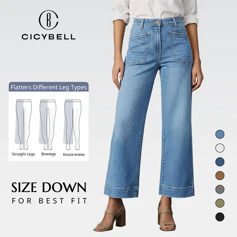 Cicy Bell Womens 2026 Cropped High Waisted Stretchy Jeans Baggy Straight Leg Frayed Trendy Capri Denim Pants with Five Pockets & Distressed Details - Womenswear, Bottom