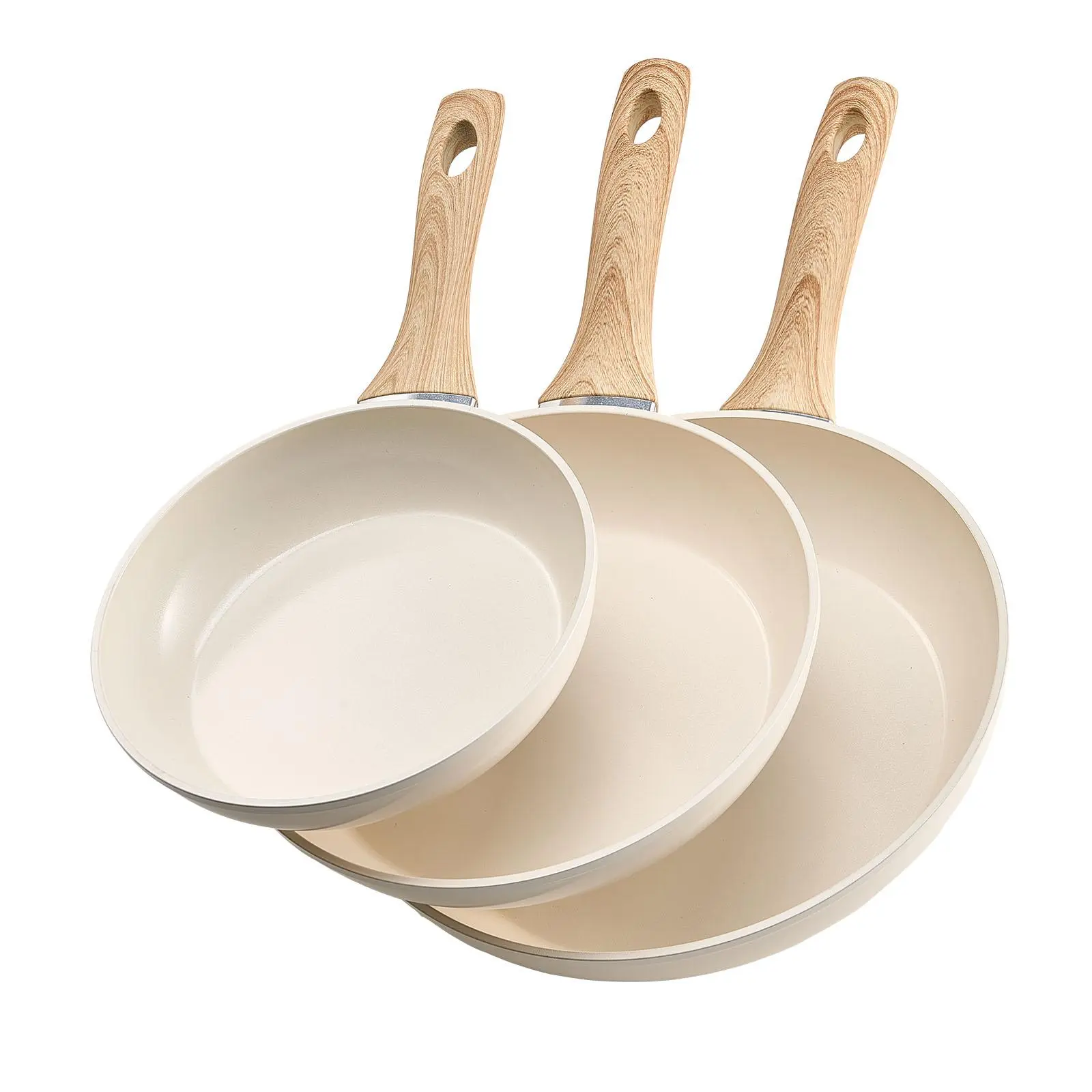 【summerfinds】VEVOR Sturdy 3-Piece Aluminium Cookware Set, 8/9.5/11 in Nonstick Ceramic Skillets with Heat-Resistant Handle, Oil-Saving Induction Pans for Gas/Electric Stoves, Beige Chef's Kitchen Frying Pans