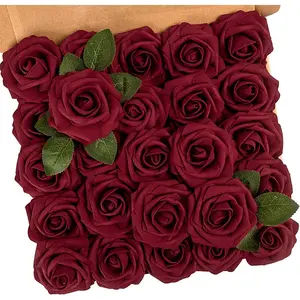 N&T Nieting 25-Piece Artificial Dark Red Rose Flowers for DIY Wedding Bouquets, Centerpieces, Bridal Showers, Parties, and Home Decor