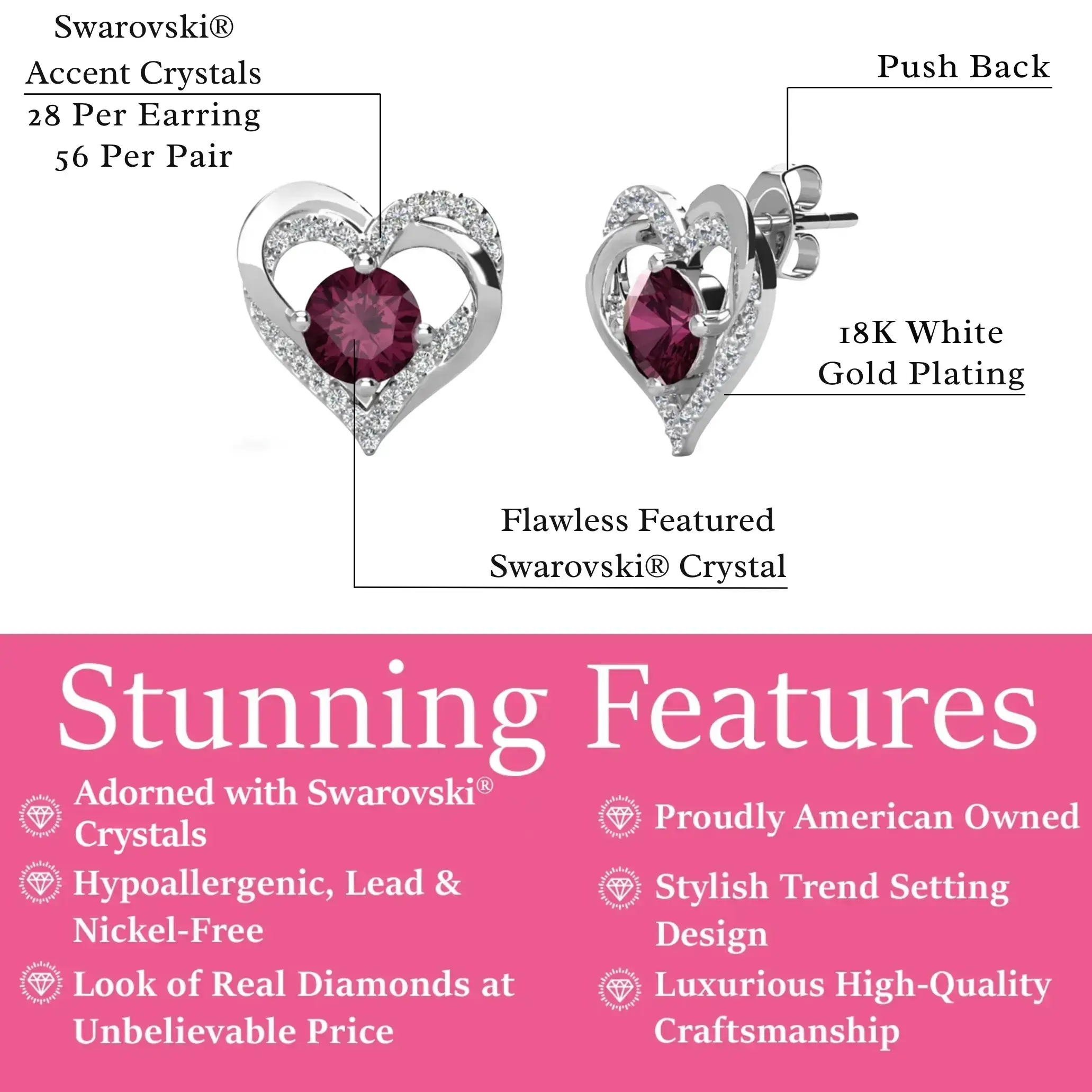 Birthstone Double Heart Earrings with Simulated Diamond CrystalsGift Birthstone Double Heart Earrings with Simulated Diamond CrystalsGift