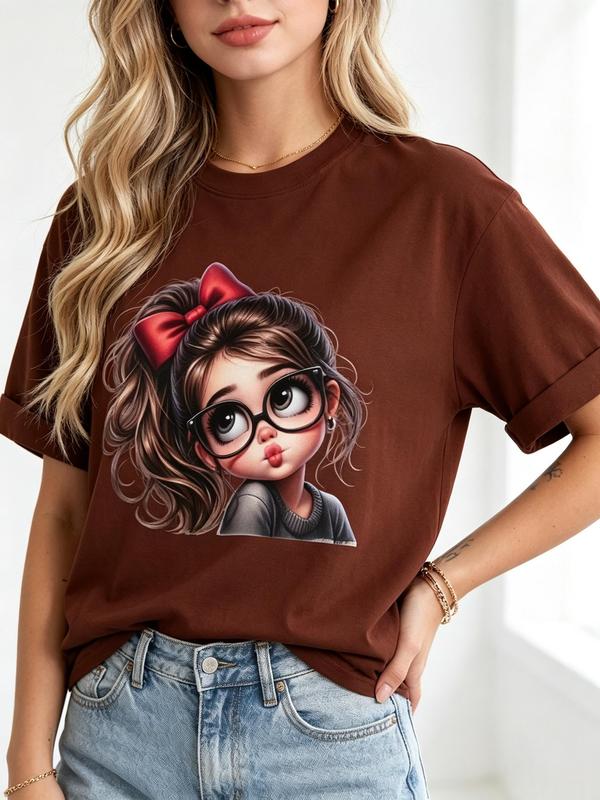 Women's Chibi Print Pure Cotton T-Shirt - Cute Graphic, Soft Breathable Fabric, Fitted Cut, Preppy Round Neck Short Sleeve, Aesthetic Streetwear Top for Casual Wear