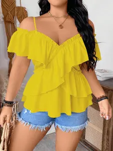 Plus Size Women's Romantic Ruffled Sleeve Top, Blouse, Summer Shirt, Solid Color, Party, Vacation, French Style, Chic, No Collar Design