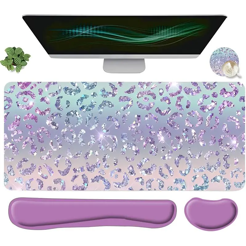 Sparkly Leopard-Print Mouse Pad Set, Mouse Pad And Keyboard Wrist Rest & Coaster, Waterproof Office Accessories Set, Non Slip Mousepad, Desktop Accessory