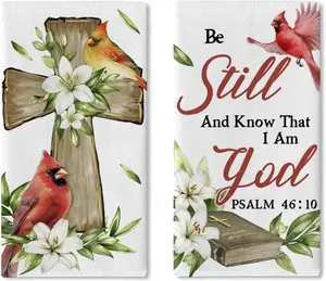 Christian Cardinal Kitchen Dish Towels Set of 2 Religious Cross Red Birds Drying Hand Towel Baking Cooking Cloth Lily Flowers Holy Bible Home Decoration 18 x 26 Inches