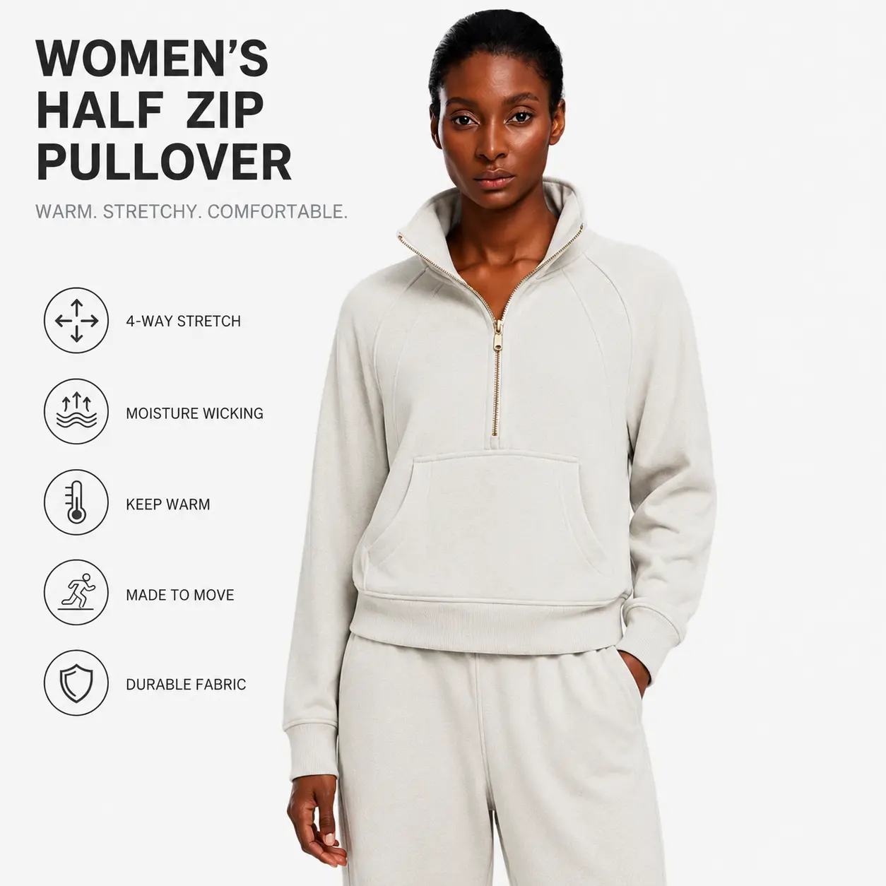 Warehouse Clearance Sale ! Women's Winter Activewear Cotton-Blend Fleece Oversized Half-Zip Hoodie Sweatshirt with Front Pocket & Gold Zipper for Yoga Sports Gym Workout