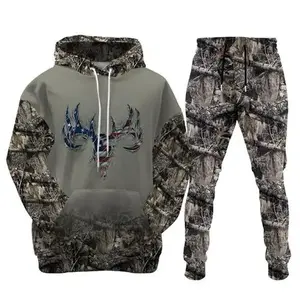 Camouflage Hunting Hoodie Pullover And Sweatpants, Patriotic Deer Outdoor Camo Pullover Hoodie Pullover And Sweatpants, Trendy Gift