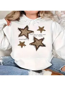 Couple Matching, White Hoodie With Leopard Print Stars And Don't Give Up Text - Casual Wear For Women, Perfect For Everyday Outfits And Cozy Moments Halloween Gift, Christmas Gift