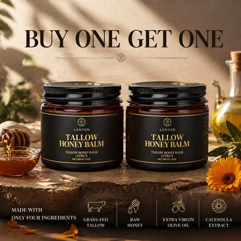 LANYAN Buy 1 Get 1 Free Organic Unisex Gentle Sensitive Grass-Fed Beef Tallow Herbal Cream (2.12oz) - Clean Bee Honey & Olive Oil Formula, Calendula Extract, Vitamins, Subtle Aroma, Dryness Treatment for Skin Repair