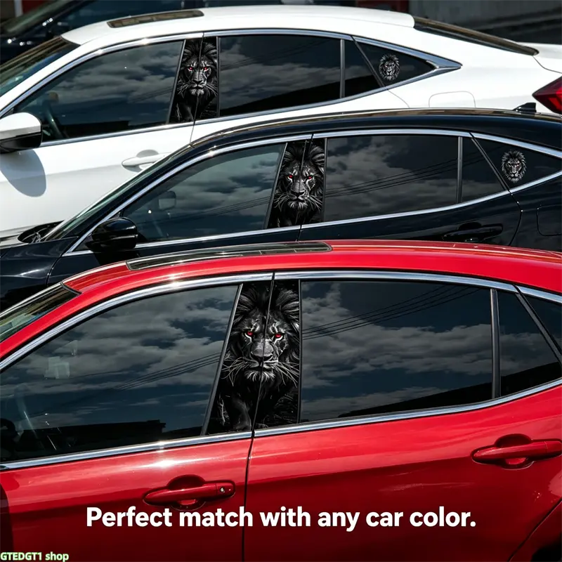 Vertical Wild Lion Car Sticker with Red Eyes, Waterproof Novelty Print Vinyl Decal, Long Wearing Peel-and-Stick Car Accessories, Auto Accessories Interior, Decals, Window Trim, Self-Adhesive, Personalization, B Pillar, Cool Car Decorations, Black homedeco