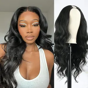 Auvzy 24inch V Part Wig Body Wave Glueless Wig Clip In Extensions Thin Part Wig Long Wavy Black Half Wig For Women, Hair No Leave Out V Part Wigs Beginner Friendly No Sew In Synthetic Wigs