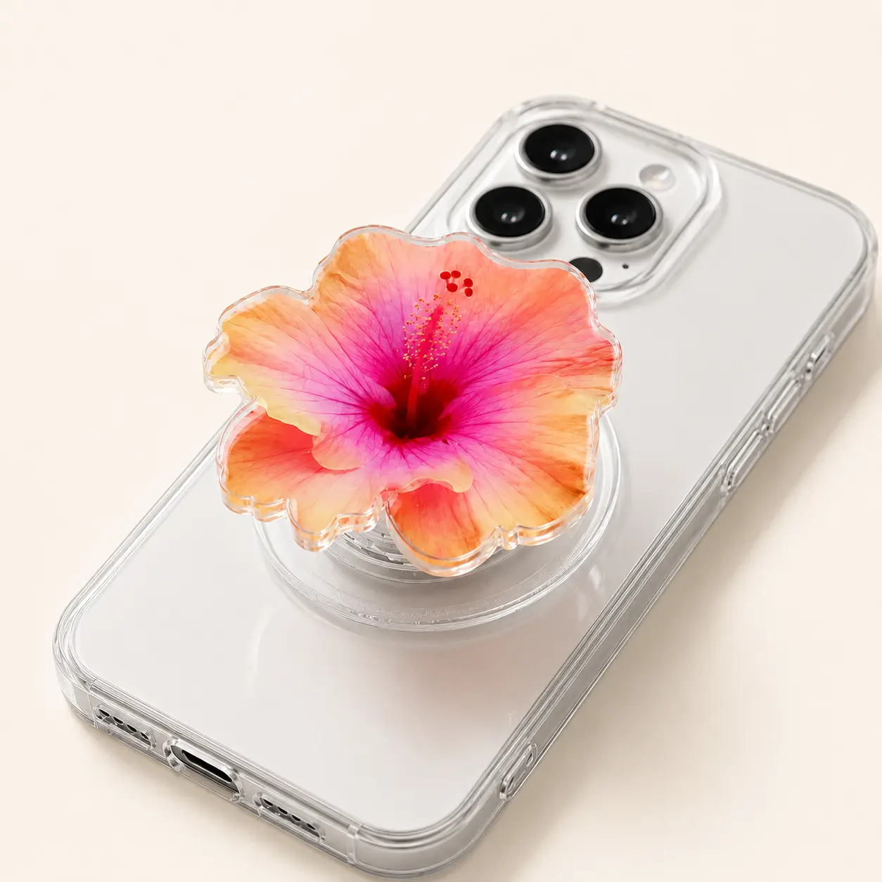 Tropical Hibiscus 2D Phone Grip, Peach Pink Flower Acrylic Grip, Magnetic Phone Holder & Kickstand Accessory Phone Accessory Compatible Magsafe Phone Grip