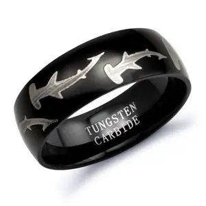 Hammerhead Shark Ring, Tungsten Ring for Men and Women Black Tungsten Ring Comfort Fit Size 5-15 TCR156