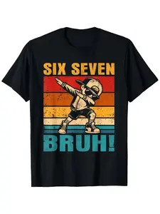 Fun Six Seven Bruh Internet Meme T-Shirt  - "67" Number Design with Dab Dance Pose - Casual Round Neck Tee, Comfortable for All Seasons, Trendy Gift for Youth - "67" Graphic and Bruh Text, Spring/Summer Vacation Wear