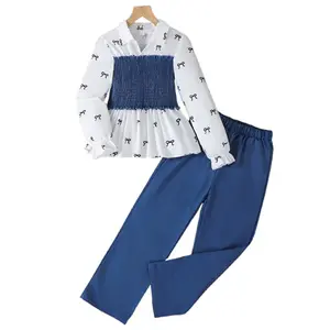 Kid Girls Clothes Chic Contrast Color Bow Print Smocked Waist Shirt & Elastic Pants 2Pcs for Stylish Outings 8-12,Ready Stock 42505031