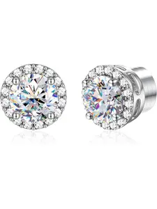 Moissanite Magnetic Earrings for Men : 18K White Gold Plated Hypoallergenic Stainless Steel Non Piercing Clip on Fake Earrings Studs Halo Round Square Diamonique Earring Women D Color VVS1 High Quality Earrings