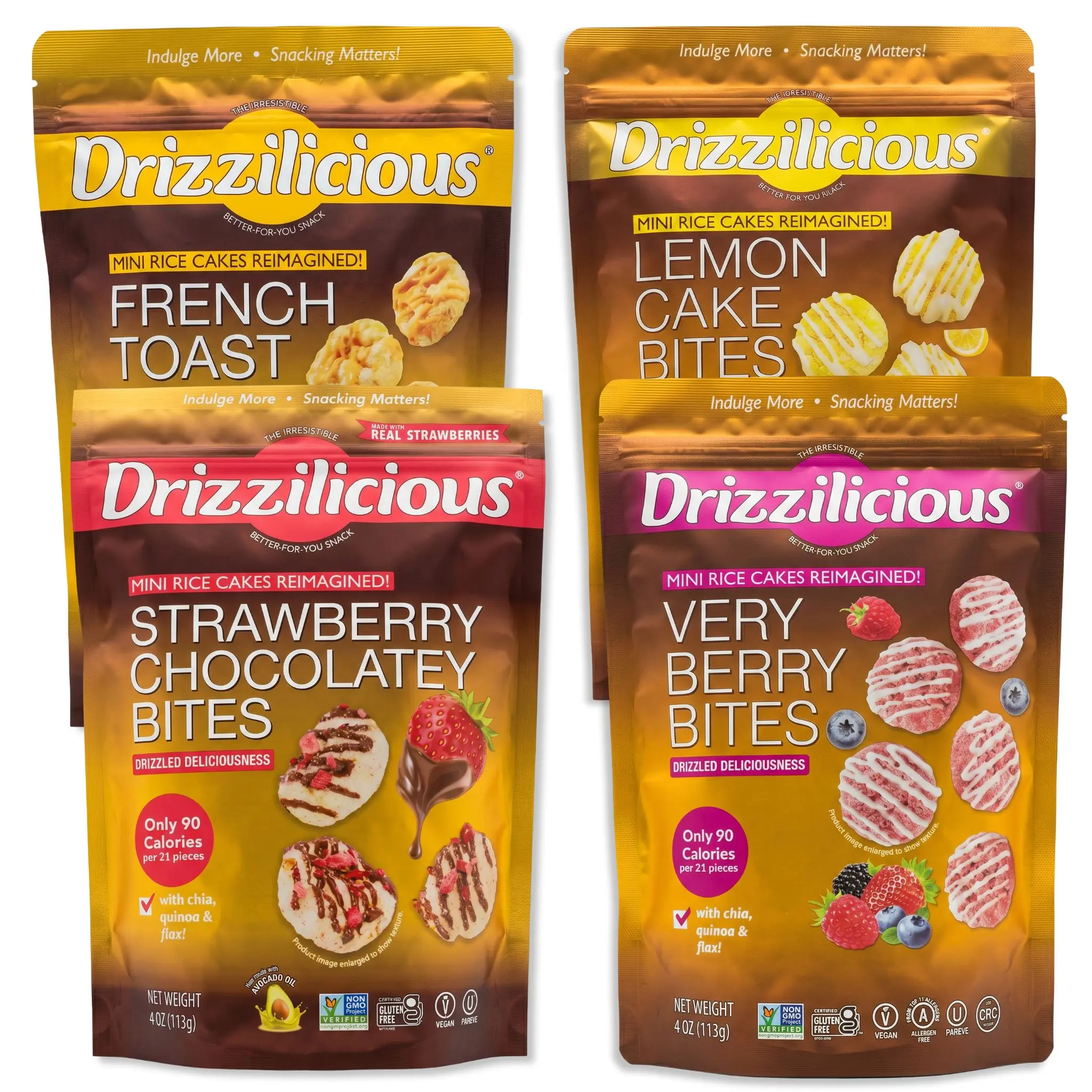 Drizzilicious Mini Rice Cake Bites Variety Pack, Chocolate Strawberry, Very Berry, French Toast & Lemon Cake Drizzle, 4 Bags