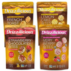 Drizzilicious Mini Rice Cake Bites Variety Pack, Chocolate Strawberry, Very Berry, French Toast & Lemon Cake Drizzle, 4 Bags