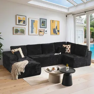 XIZZI 135" Cloud Sectional Couch for Living Room Modular Floor Sofa with Plush Corduroy No Assembly Required Plush Corduroy Couches with Deep Seat Chaise Lounge Black