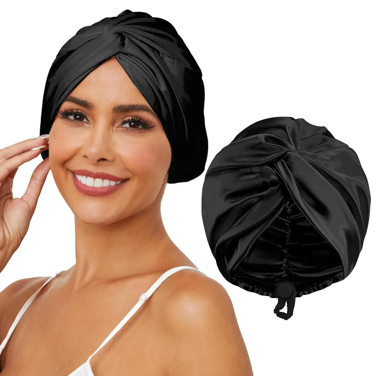 Adjustable Silk Satin Hair Bonnet for Sleeping, Double Layer Hair Wrap Sleep Cap Turban for Women Men, Curly Straight Long Large Braid Unisex (Royal Black)