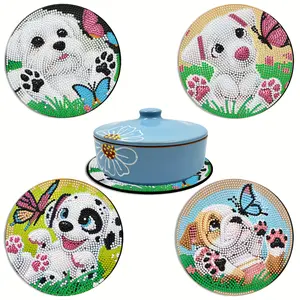 4-Piece Creative Cute Dog Theme Diamond Painting Placemat Set, DIY Full Round Rhinestone Wooden Table Mats, Diamond Painting Coasters, Home Kitchen Decor