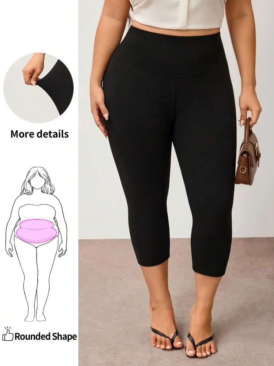 SLAYAURA Plus-Size Solid Color High-Waisted Casual Leggings, Stretch Capri Length Leggings, Gym Office Black Summer