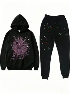 【2-piece set】Y2K Men's Hooded Sweatshirt, Spider Web Pattern, Letter Print, Colorful Stars, Street Punk Style, Casual Fitted, Fall & Winter, Graphic Hoodie，There are combination sets, single piece hoodies, single piece sweatpants, and multiple choices