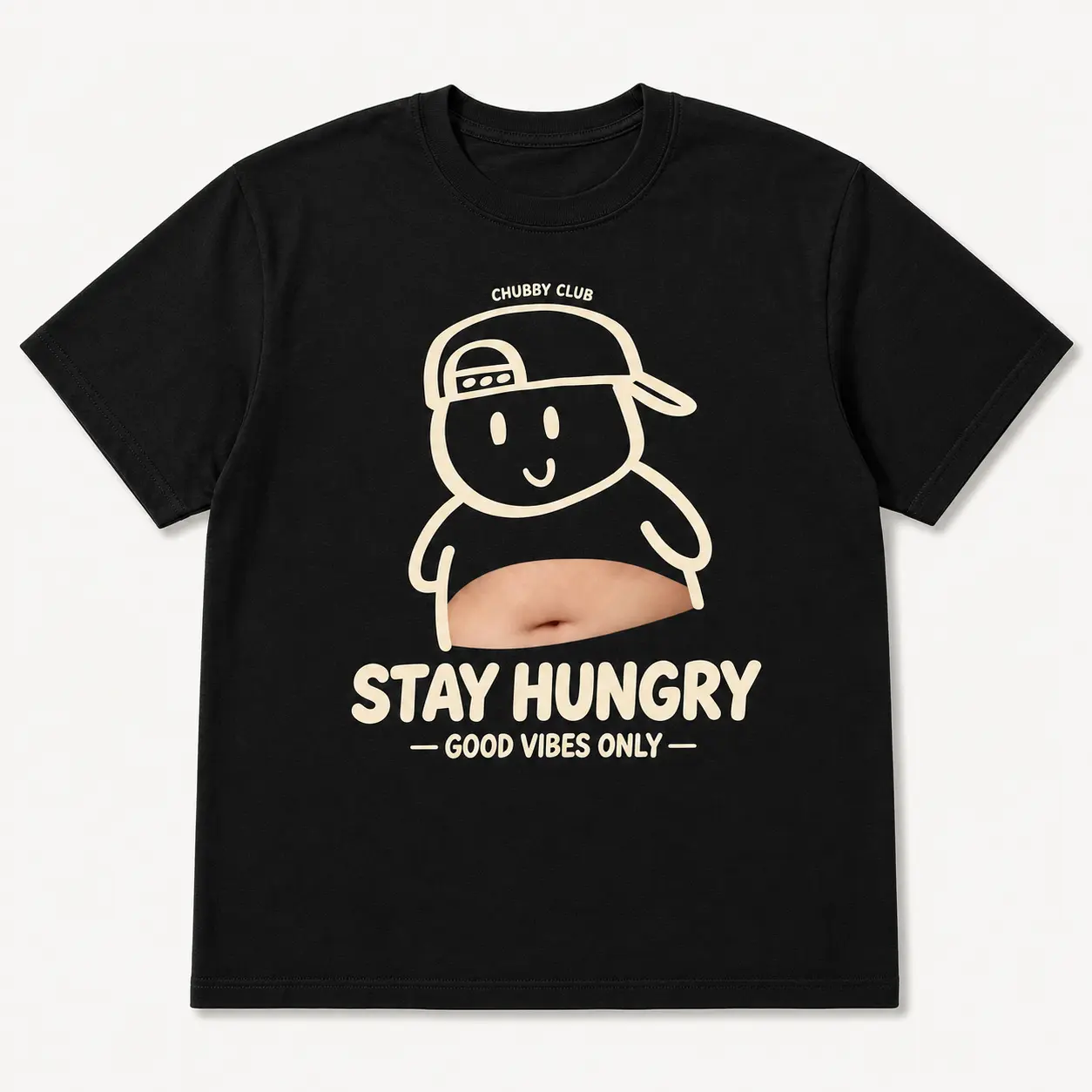 Humorous Food Lover Chubby Character White Tee Soft Cotton Relax Streetwear S-5XL