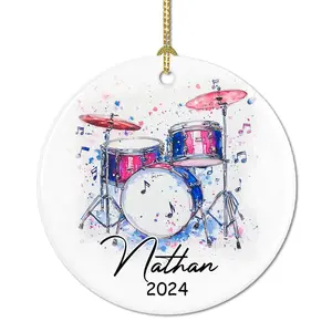 Personalized Percussion Marching Band Round Ceramic Ornament, 3 in Vintage Holiday Tree Decoration - Customizable Name Family Theme Christmas Gift for Drum Players, Room Decor