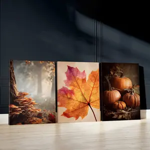3pcs Autumn Season Wall Art, Warm Colors Poster, Fall Festivities Art Prints, Harvest Time Home Decor, Autumn Wall Paintings, Modern Canvas Posters Wall Arts, Decor For Living Room, Restaurant, Kitchen, Bedroom, Gift, With Frame, Wooden Wall Art