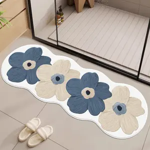 Blue Floral Shaped Bathroom Mat Non-Slip Soft Machine Washable, Ideal Home Decor Runner Rug Camellia Shaped Rug for Bedroom Living Room Kitchen