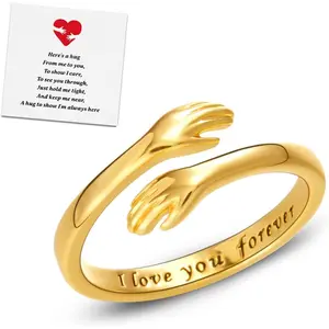 Hug Rings for Women Silver Hugging Hands Ring Adjustable 14K Gold Plated Daughter Rings from Mom Jewelry for Couples