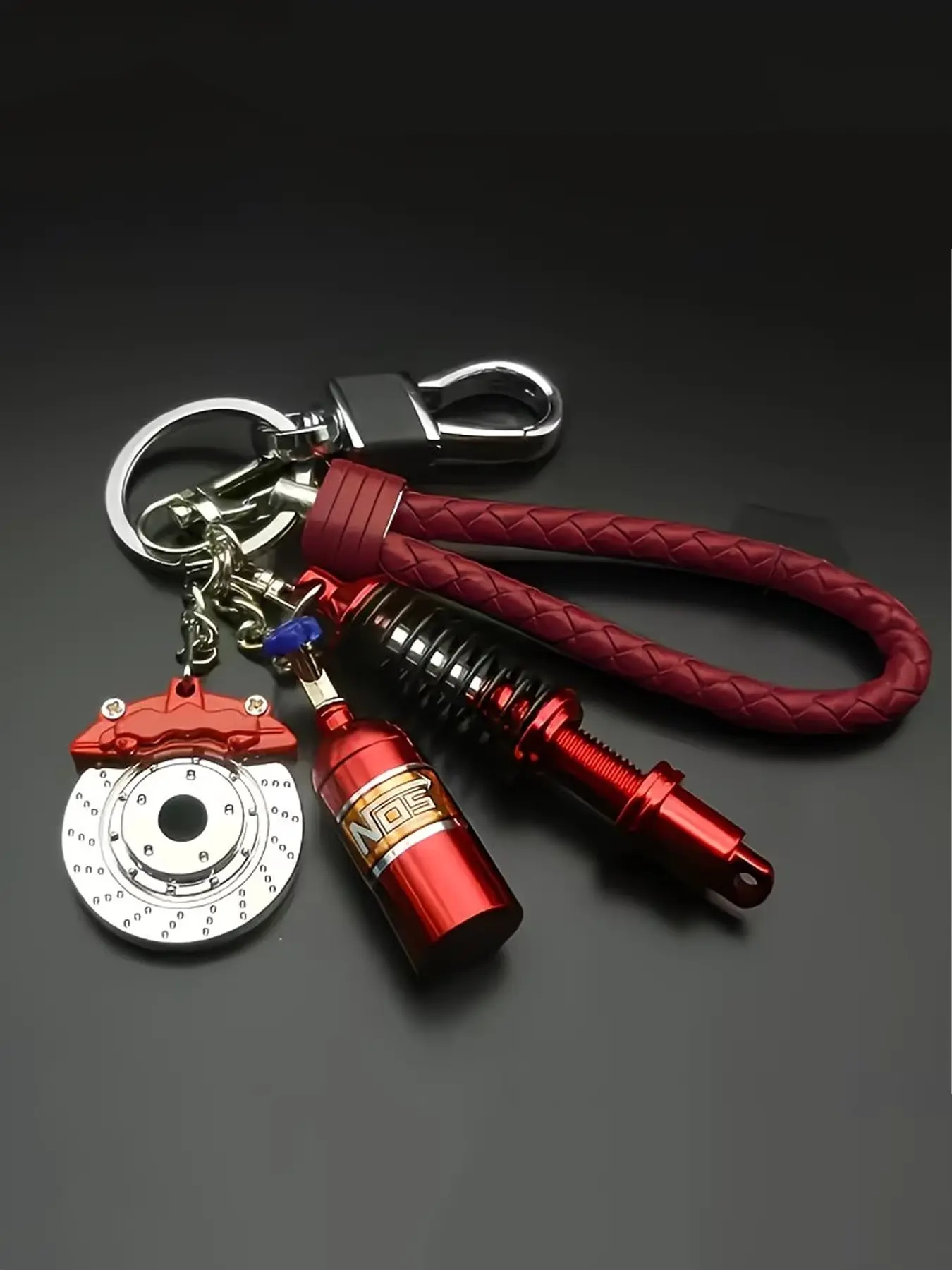 Mechanical Style Modified Keychain, Metal Simulated Shock Absorber And Brake Disc Pendant, Braided Rope Anti-Lost Keychain, Accessory For Car Enthusiasts, Boyfriend Gift Daily Accessory, Keychain Wristlet Strap, Stylish Keychain, Stylish Keyring