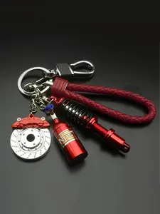 Trendy Cool Mechanical Style Modified Keychain, Metal Simulated Shock Absorber And Brake Disc Pendant, Braided Rope Anti-Lost Keychain, Exclusive Accessory For Car Enthusiasts, Boyfriend Gift Daily Accessory, Keychain Wristlet Strap, Stylish Keychain