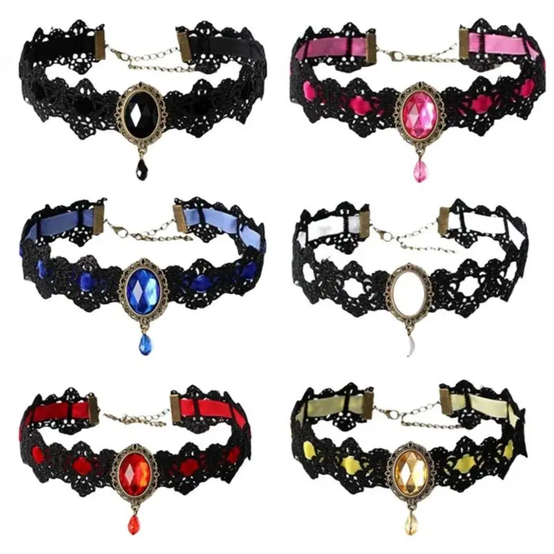 Women's Gothic Lace Collar Choker - Costume Jewelry with Sparkling Rhinestone Chains, 32cm Adjustable Neckpiece with 5cm Extension Chain, Lace Accent Dark Style Accessory for Party Gifts, Alt Girl Necklaces, Accessories Adults, Unisex Festival-Ready Glam