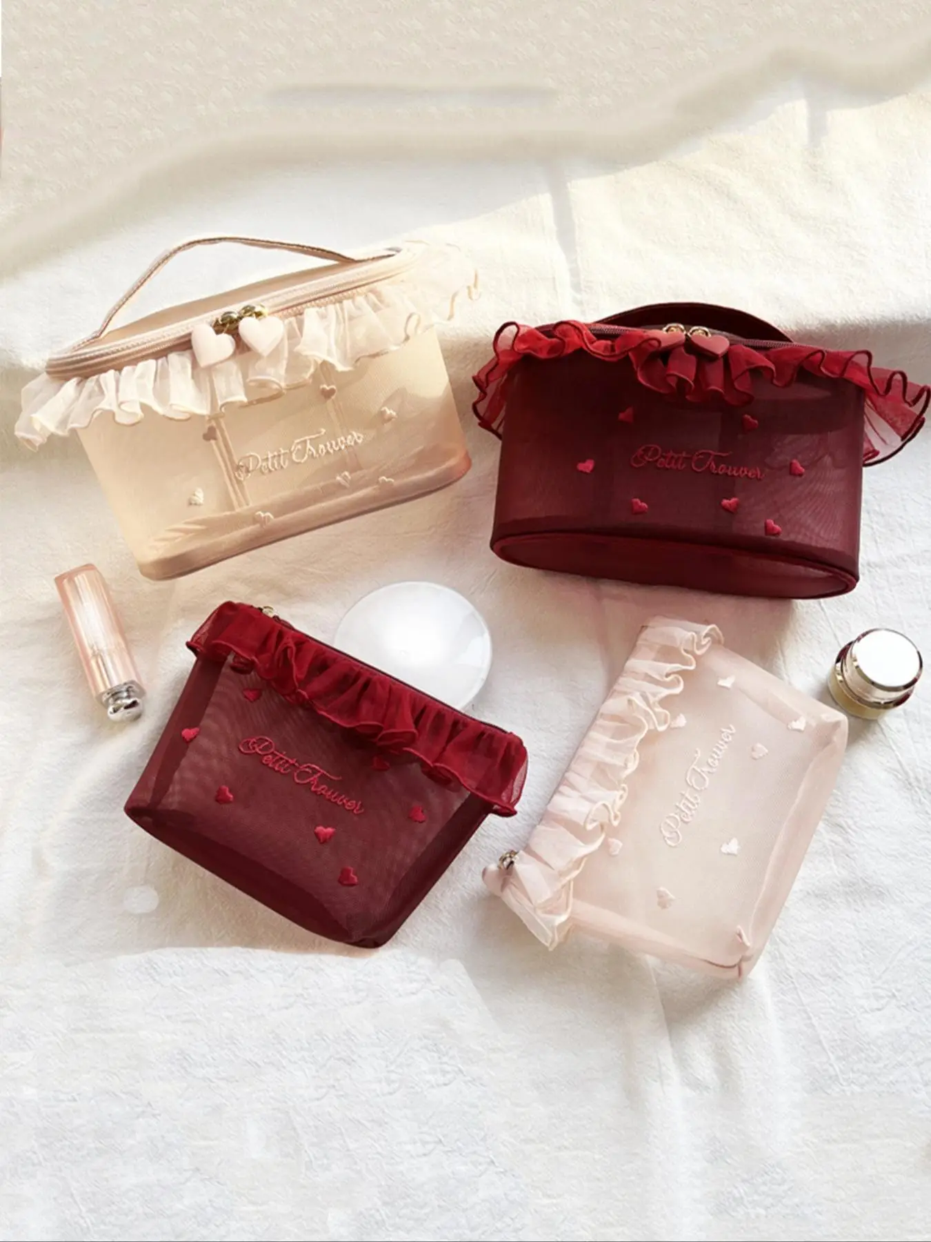 Lace Detail Makeup Bag, Heart Pattern Makeup Bag, Cosmetic Storage Bag, Zipper Makeup Organizer Pouch, Versatile Storage Bag for Travel, Office, Home