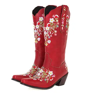 Women's Embroidered Western Cowgirl Boots, Chunky Heel Pull-On Mid-Calf Shoes, Pointed Snip Toe Floral Minimalist Rubber Walking Footwear for Wedding Dresses, Walking Shoes tiktokshopspringglowup,summervibes outdoorfun