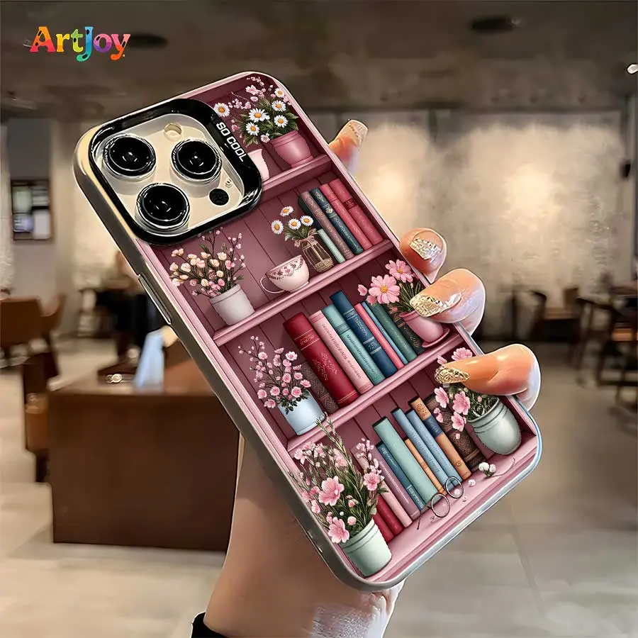 Shockproof Phone Case, Soft Literary Trendy Eye-catching Protective Case With Pink Bookshelf, Books & Flower Minimal Illustration,With For Iphone17 Pro Max,16, 15, 14 ,13,12And 16Plus. It Makes A Perfect Gift For Birthdays, Holidays