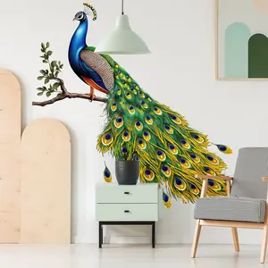 A (30*60cm) simple green peacock wall sticker with gold stamping for living room, bedroom and bathroom background decoration TJ3031-YL