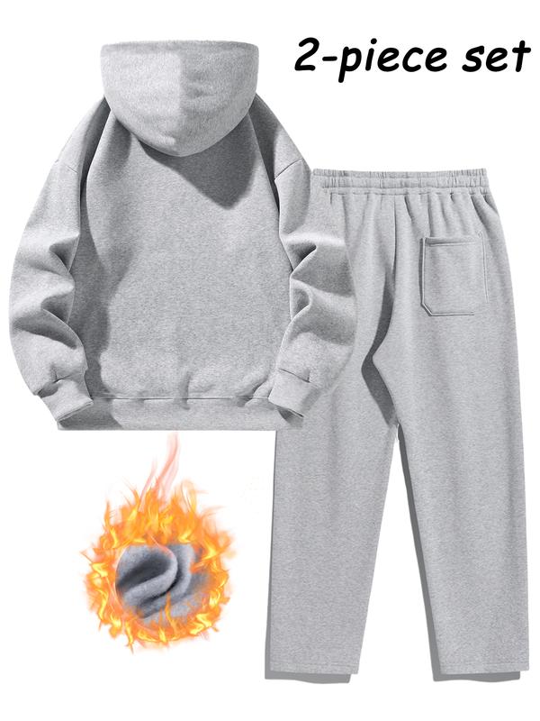 Men's Plain Two-Piece Sweatsuit Set, Fitted Casual Hoodie & Drawstring Pants, Thick Fabric for Fall/Winter, Everyday Wear Essentials Outfit Outdoor
