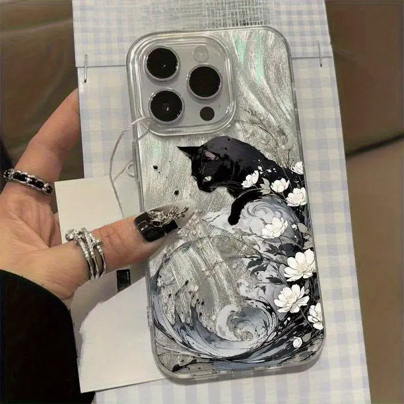 Spring Pear Blossom Black Cat 7/8 Plus Anti-Drop Soft Case Simple Premium Air Cushion for Phone 11-17 Pro Max Apple 13 Phone Case Couple XS Max New 12 Pro Anti-Drop XR