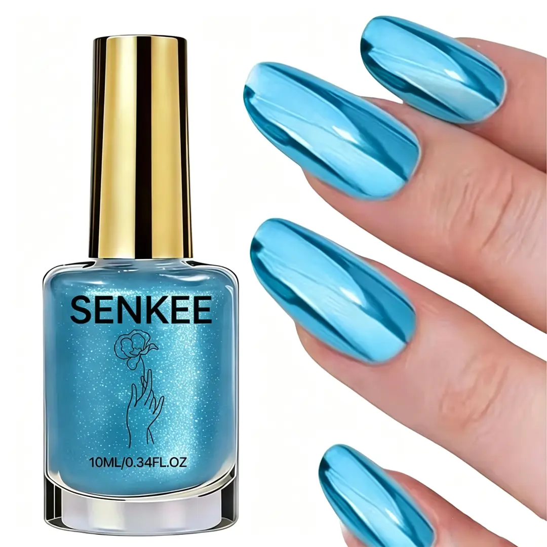Mirror Blue Nail Polish 10ml, Metallic Chrome Shine Nail Lacquer, Quick Dry Long Lasting Glossy Manicure Color