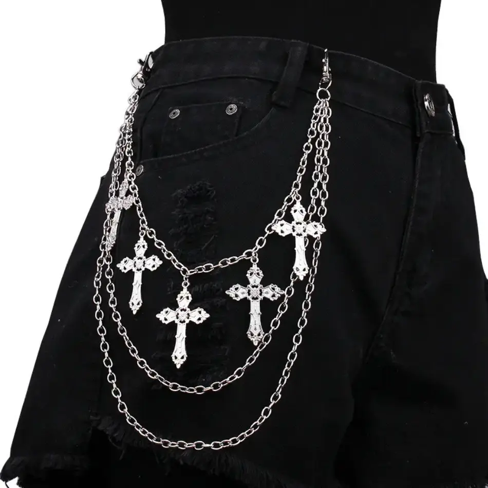 2026 New Unisex Punk Bling Alloy Chain Bag Accessory - Layered Cross Charm, Unisex Wear Waist Chain Body Jewelry, 1-Size Rock Luggage Accessory for Halloween
