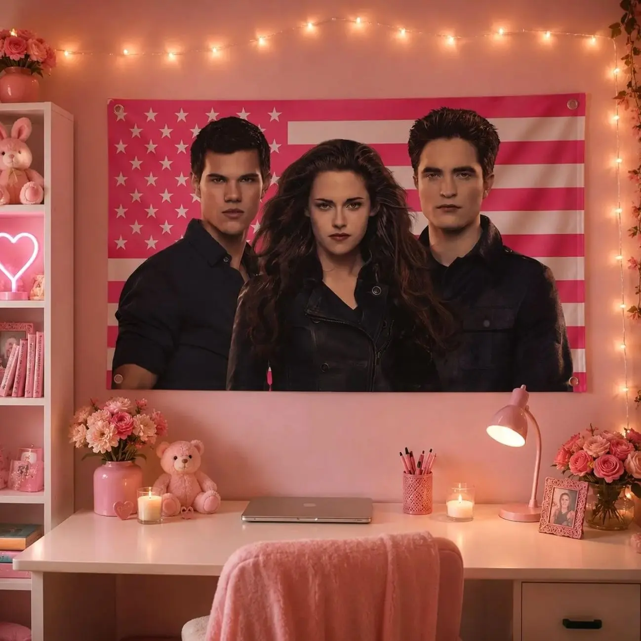 Twilight Trio Flag | Bella Swan, Edward Cullen, Jacob Black | Pink US Flag Tapestry | Vampire Romance Dorm Frat Decor