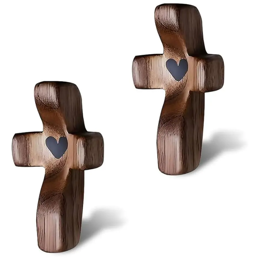 2Pcs Wooden Pocket Cross My Heart, Stress Relief Cross Fidget, Wooden Cross Fidget Easter Gifts Encouragement Gift Ideas for Children Men Women, Pocket Prayer Cross Portable Wall Cross