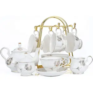 Porcelain Ceramic 22-Piece Tea Set Teapot and Cup Set 30.7 Ounces for 6 Gift Sets for Tea or Coffee Lovers Wedding Birthday