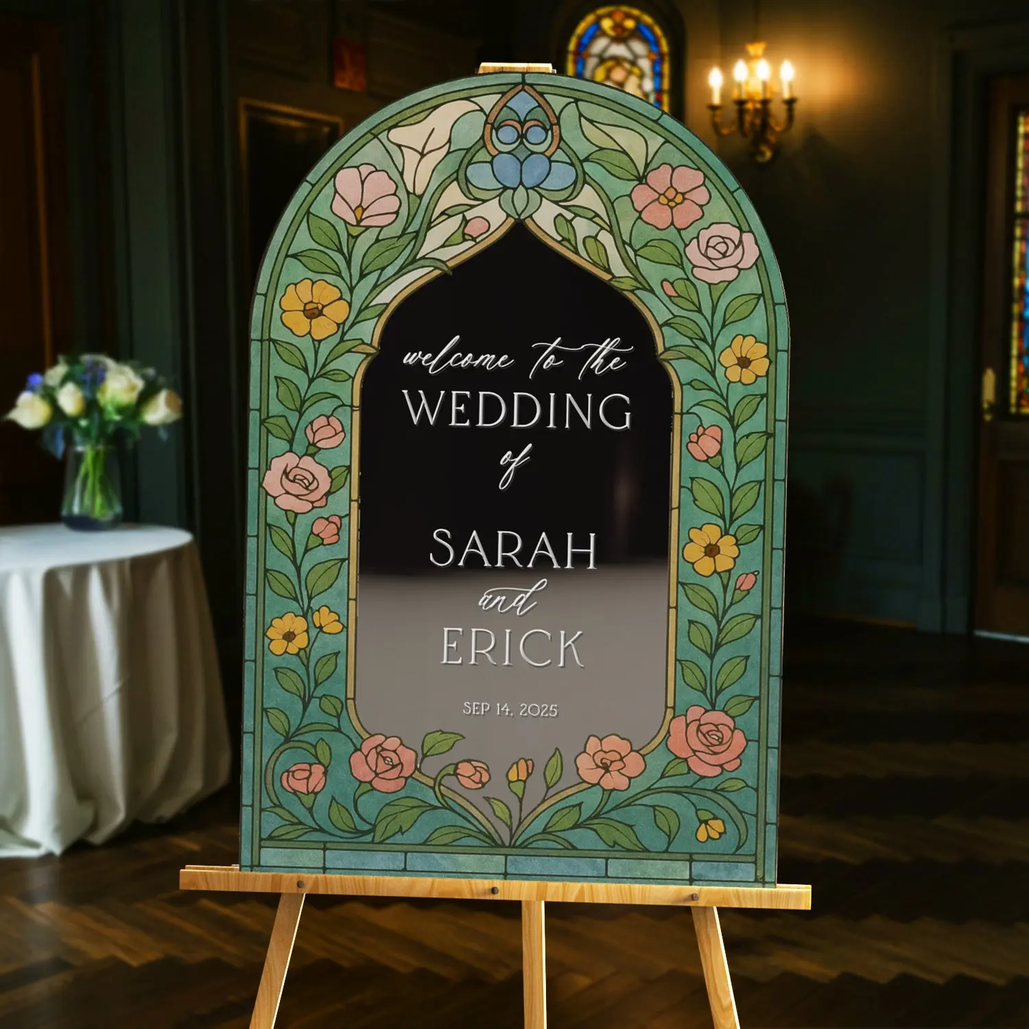Stained Glass Wildflowers Wedding Sign — Floral Mirror