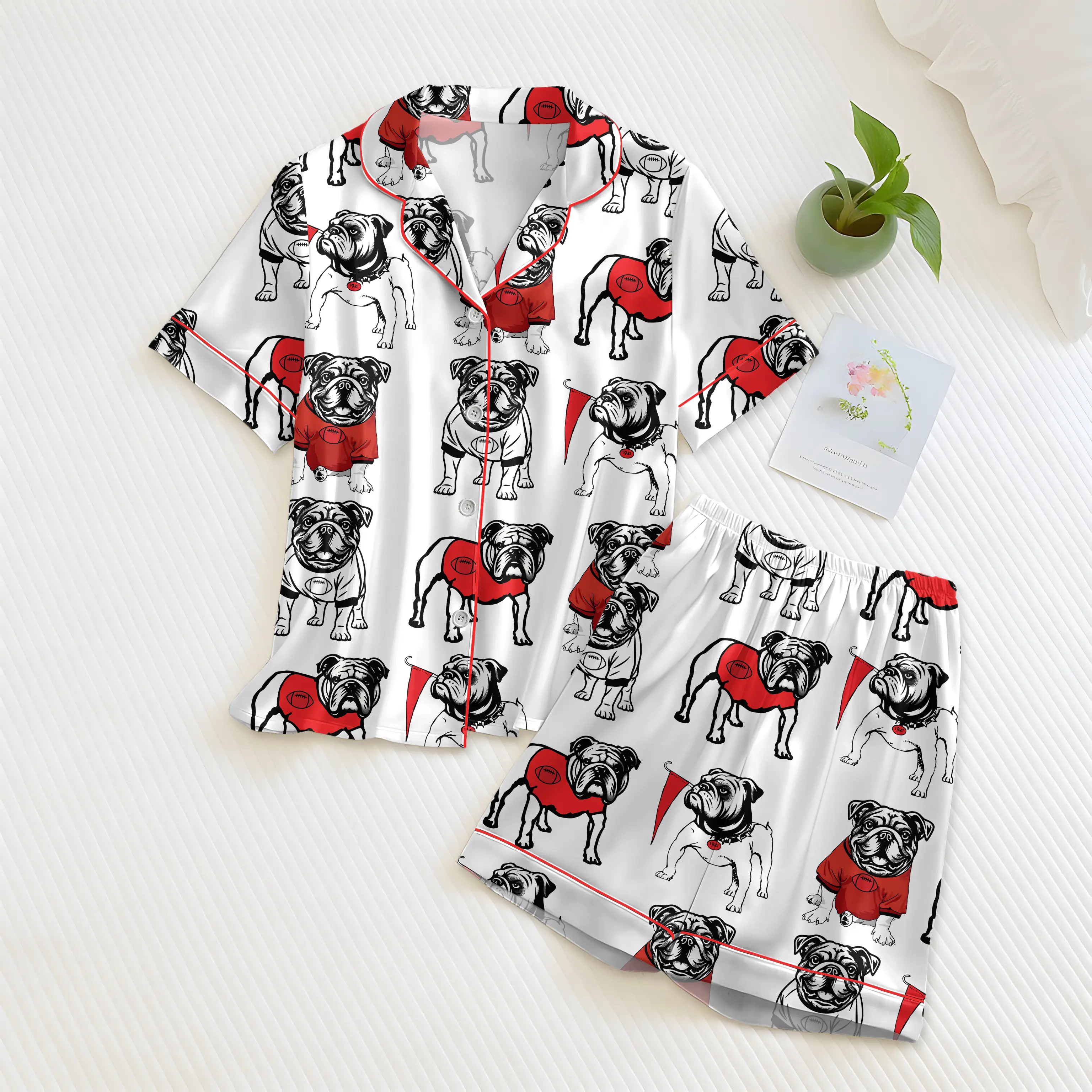 Bulldogs Football Satin Pajama Set, Pitbull Short Sleeve Satin Pajama Set, Women's Luxury Sleepwear