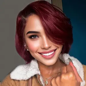 Fashion New Hot Elegant Short Bob Wig for Women, Brazilian Virgin Human Hair, Pre-Plucked Glueless 6-inch Straight Hair with Side Part Bangs, Rose Net Cap, 150% Density - 1B/99J Burgundy