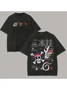 Naruto One Piece Bleach Printed Neutral Washed T-shirt Printed Summer Men's and Women's Fashion Trendy Loose Large High Quality Top Comfortable and Breathable Round Neck Hoodie Short Sleeve Y2K Street Essential Fit Gift