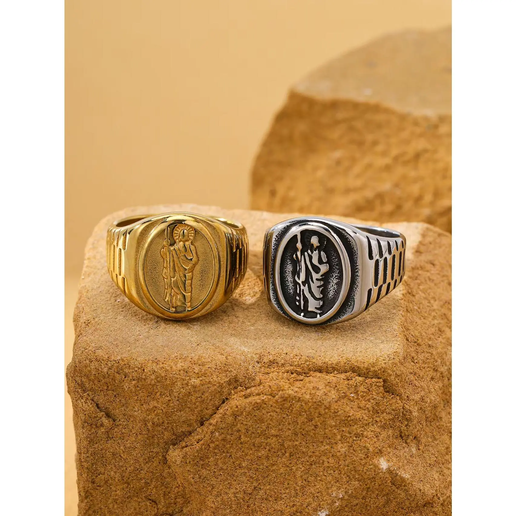 Men's Saint Jude Stainless Steel Ring with Geometric Pattern, Vintage Inspired Religious Hip Hop Jewelry, Hypoallergenic Party Accessory, Vintage Inspired Ring, Religious Design Rings